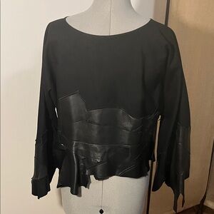 Unique Black Leather Patchwork Long Sleeve Top